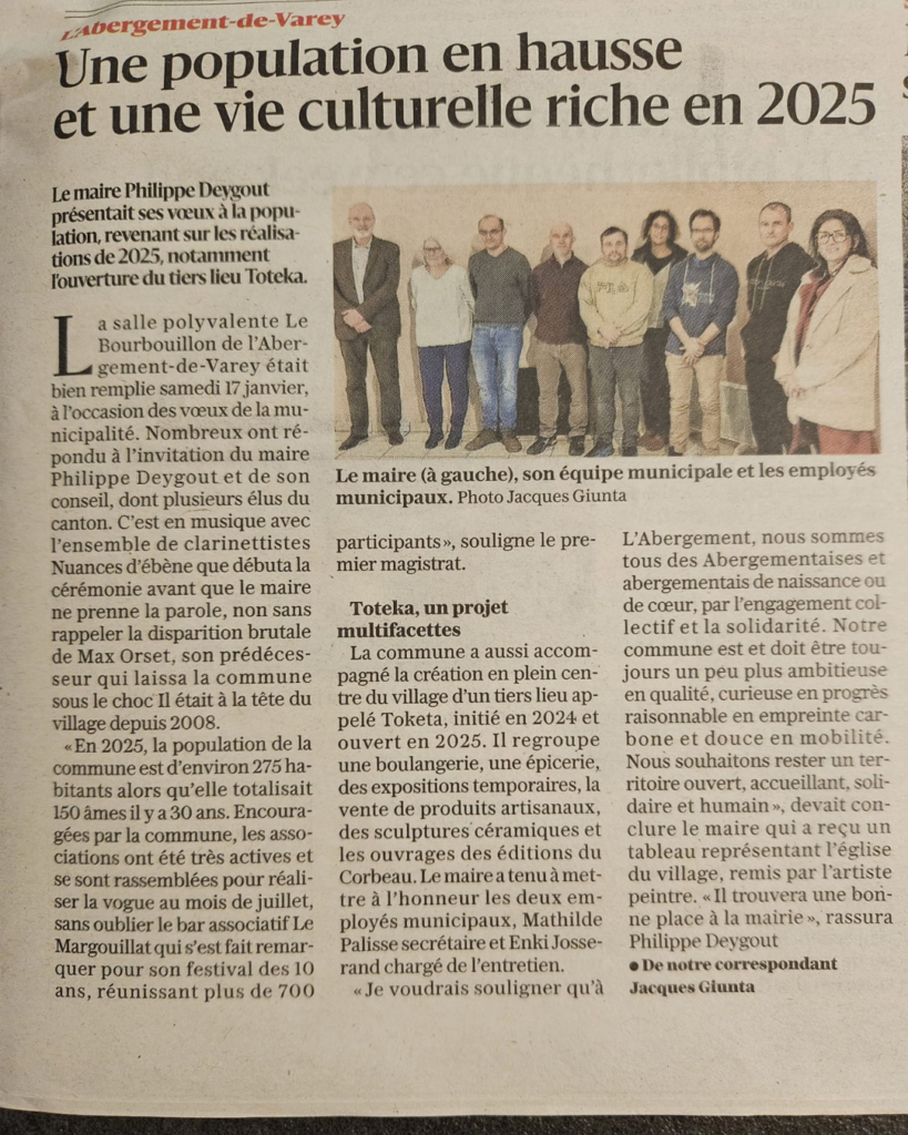 Article de journal, TOKETA cité dans les vœux du maire de l'Abergement de Varey 2026-Le progrès